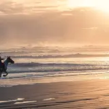 Jeździec na koniu galopuje po plaży podczas zachodu słońca w Sarbinowie. Fale rozbijają się o brzeg w złotym blasku.