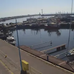 Widok z kamery portowej we Władysławowie. Wiele łodzi rybackich i jachtów zacumowanych w porcie, spokojna woda odbija niebo.