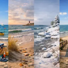 Cztery pory roku nad morzem: letni relaks na plaży, jesienne fale z latarnią, zimowy krajobraz z lodem i wiosenny spacer po drewnianych schodkach. Atrakcje nad morzem przez cały rok.