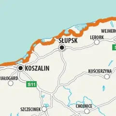 Mapa Velo Baltica pokazuje trasę rowerową wzdłuż wybrzeża Bałtyku, od Kołobrzegu przez Słupsk, Trójmiasto do okolic Malborka.