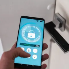 Smartfon z aplikacją do zarządzania domem. Widoczny przycisk "LOCK" i ikona kłódki. Ułatwia to check in.