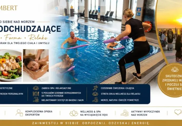 Wczasy odchudzające nad morzem w Hotelu Lambert: joga o zachodzie słońca, aqua aerobik, zdrowe posiłki i relaks w SPA.