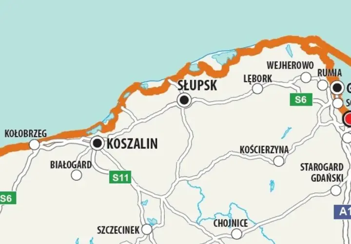 Mapa Velo Baltica pokazuje trasę rowerową wzdłuż wybrzeża Bałtyku, od Kołobrzegu przez Słupsk, Trójmiasto do okolic Malborka.