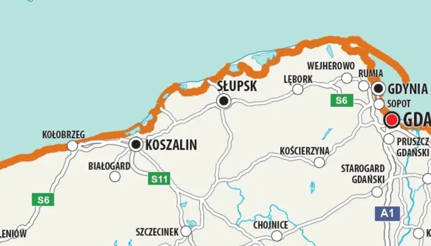 Mapa Velo Baltica pokazuje trasę rowerową wzdłuż wybrzeża Bałtyku, od Kołobrzegu przez Słupsk, Trójmiasto do okolic Malborka.