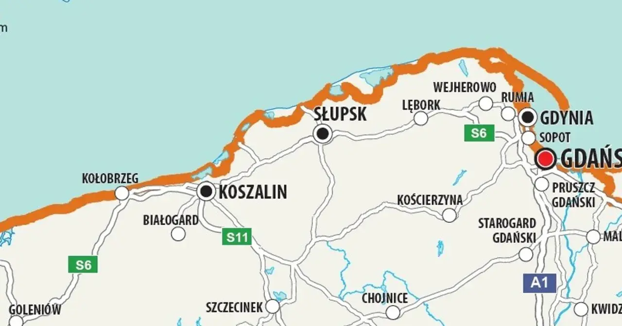 Mapa Velo Baltica pokazuje trasę rowerową wzdłuż wybrzeża Bałtyku, od Kołobrzegu przez Słupsk, Trójmiasto do okolic Malborka.