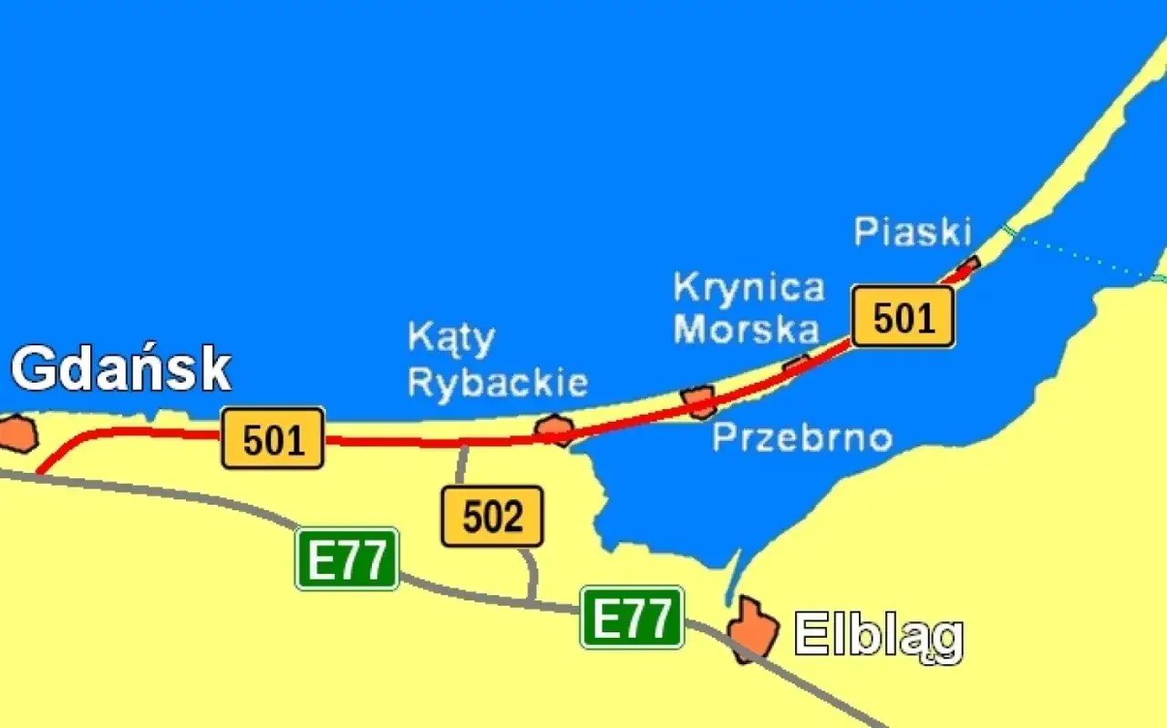 Mapa dojazdu samochodem do Krynicy Morskiej z S7 i DW501