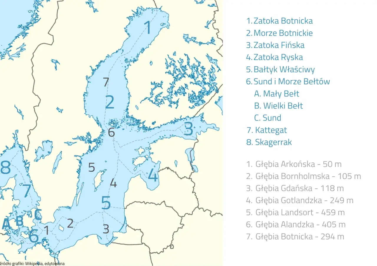Mapa Bałtyku z zaznaczonymi Cieśninami Duńskimi i głównymi rzekami