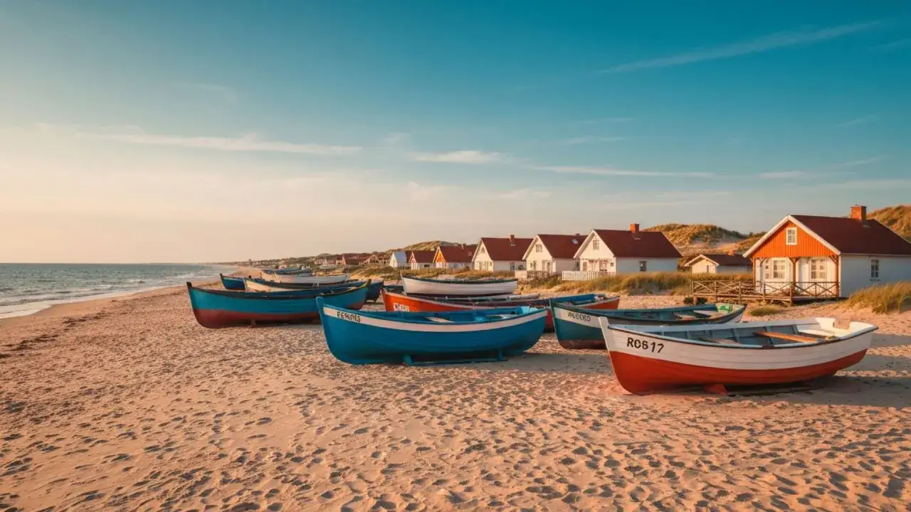 Piękne, kolorowe łodzie na plaży podczas zachodu słońca. W tle domki rybackie i morze.