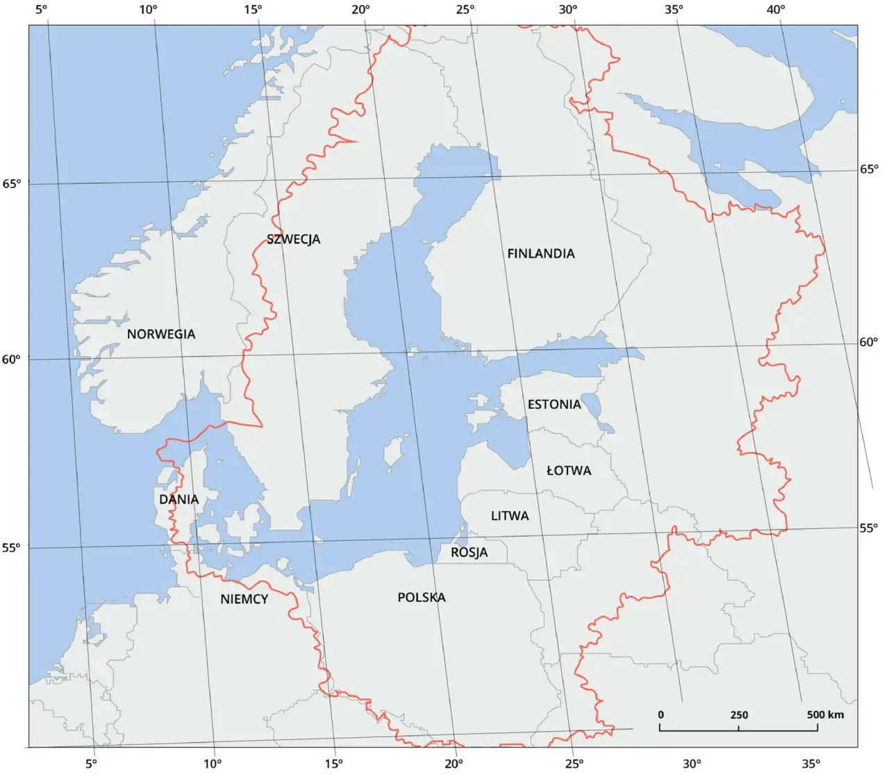 Mapa Morza Bałtyckiego z rzekami i cieśninami duńskimi