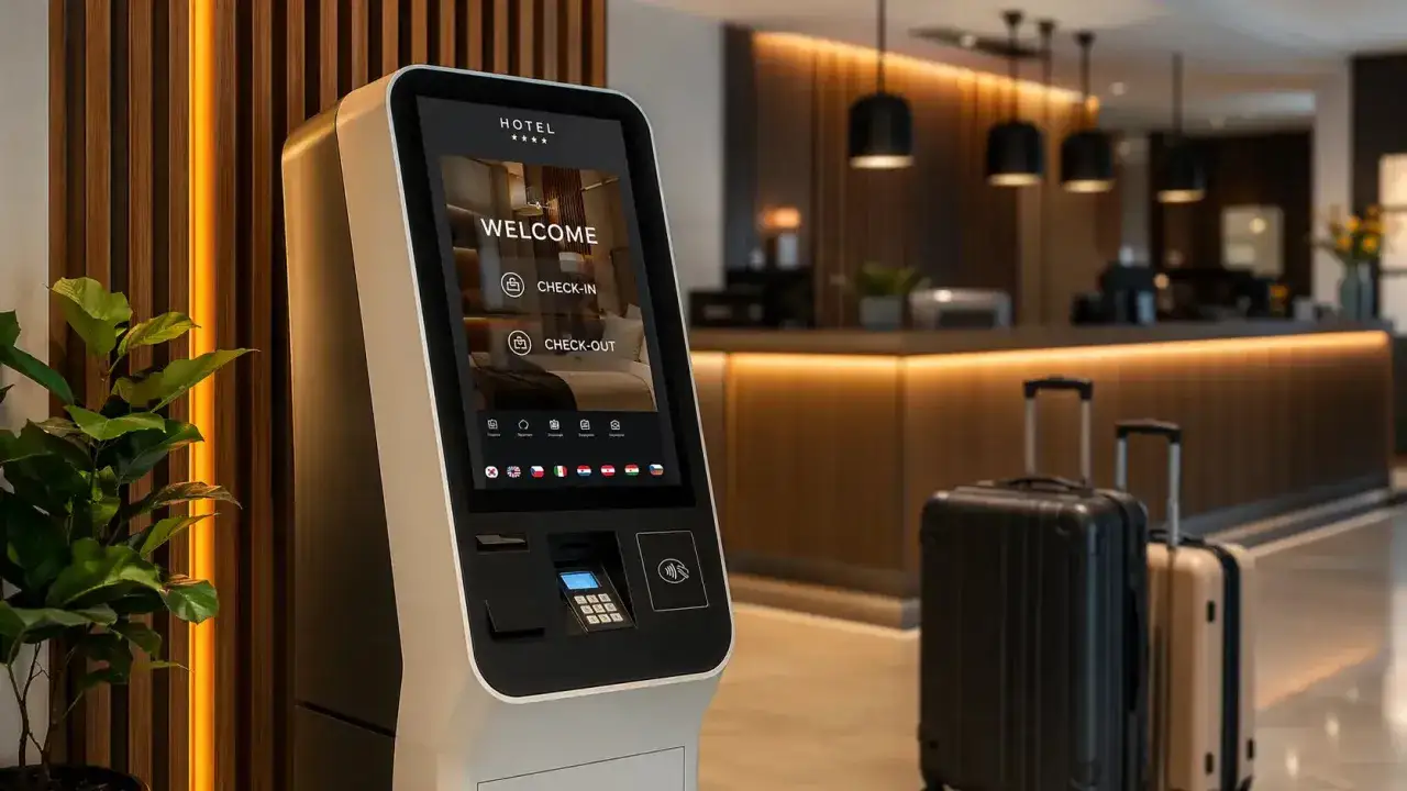 Nowoczesny automat hotelowy z opcją check-in i check-out. Obok walizki, gotowe do podróży.