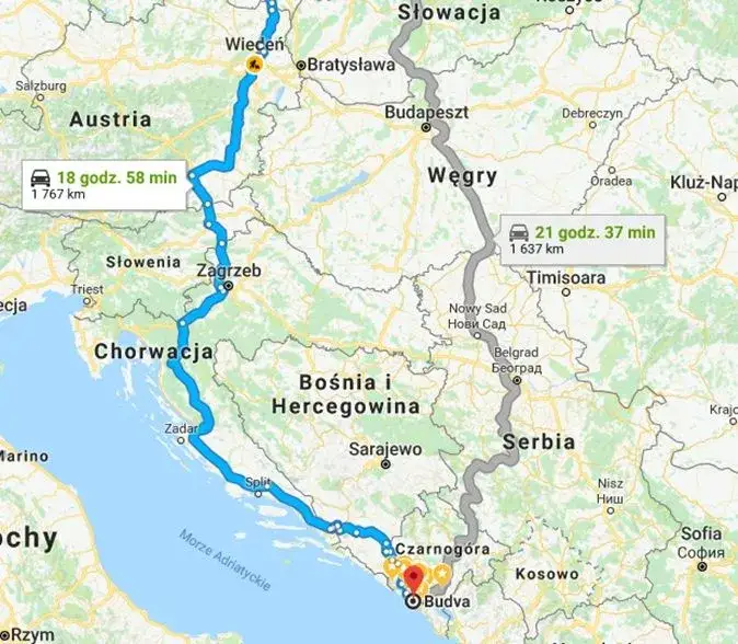 Mapa trasy Polska Czarnogóra samochodem