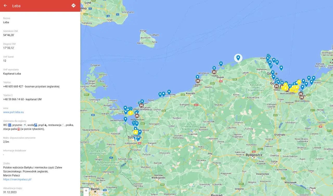 Mapa Polski miejscowości nadmorskie Sylwester
